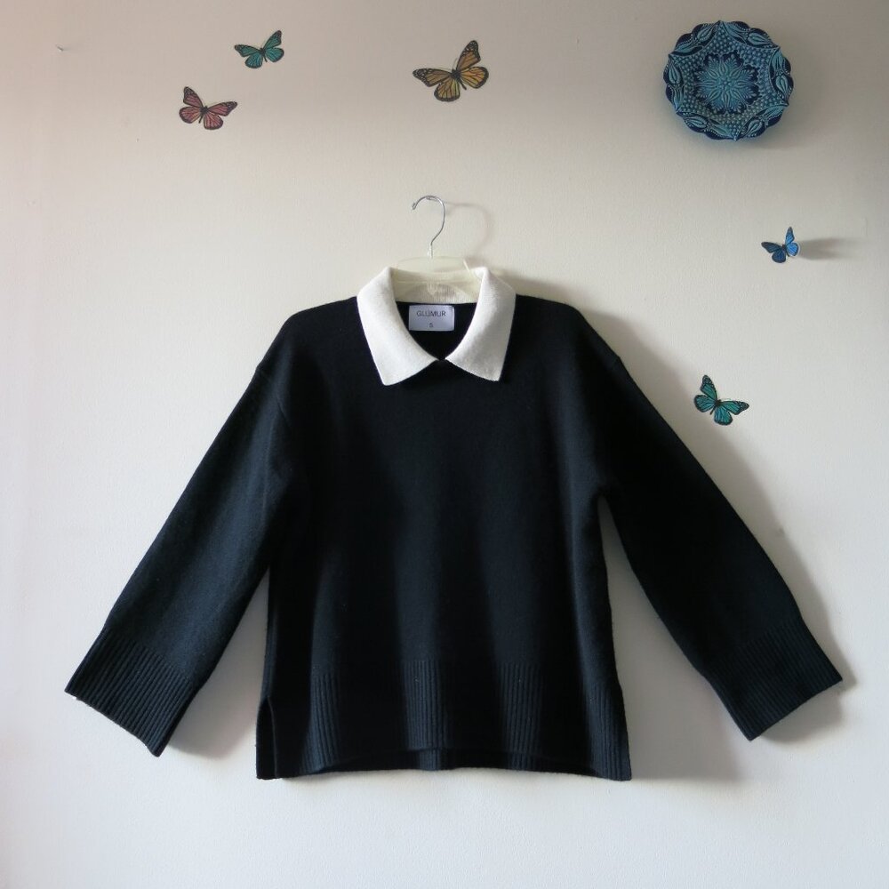 Glumur Polo Collor Black Wool Cashmere Blend Relaxed Sweater Size S